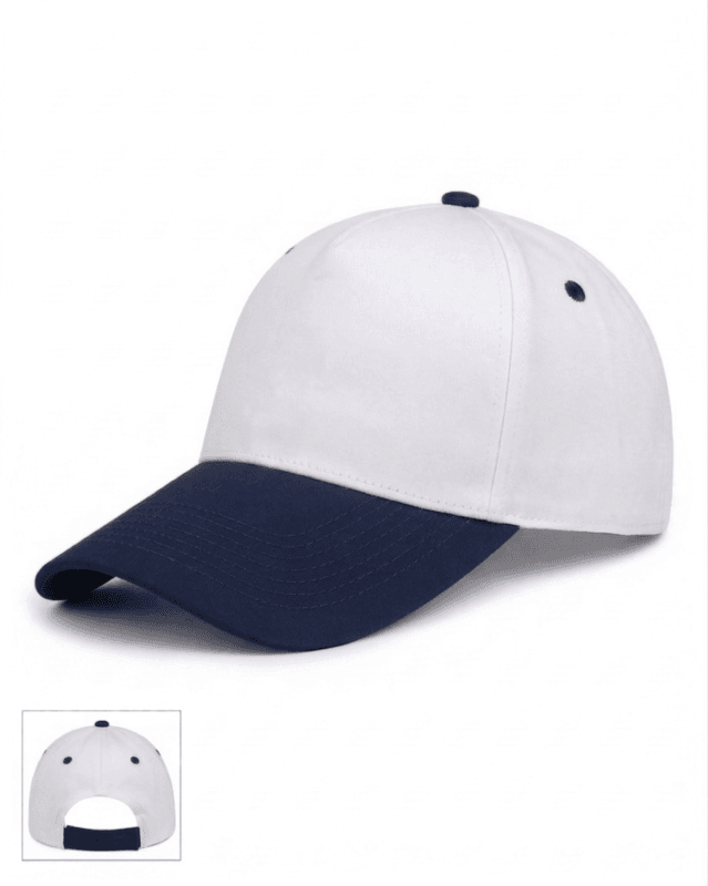 Logonuz için baskıya uygun, dikişsiz ön paneli bulunan lacivert beyaz promosyon şapka.