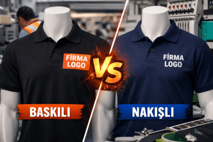 Logolu iş kıyafetleri için baskılı ve nakışlı modellerin karşılaştırmasını gösteren iş giyim görseli