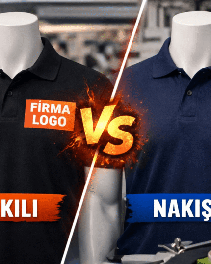 Logolu iş kıyafetleri için baskılı ve nakışlı modellerin karşılaştırmasını gösteren iş giyim görseli