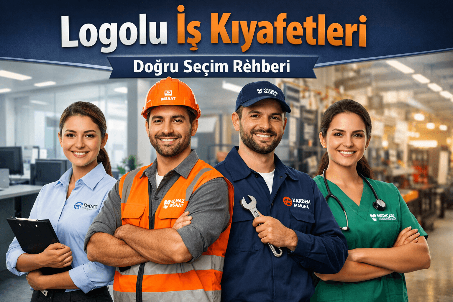 logolu iş kıyafetleri giyen farklı sektör çalışanları kurumsal görünüm