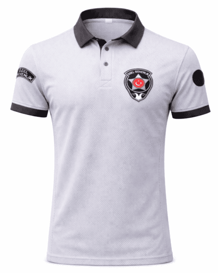 Özel güvenlik polo tişört gri arka görünüm dayanıklı ve profesyonel model