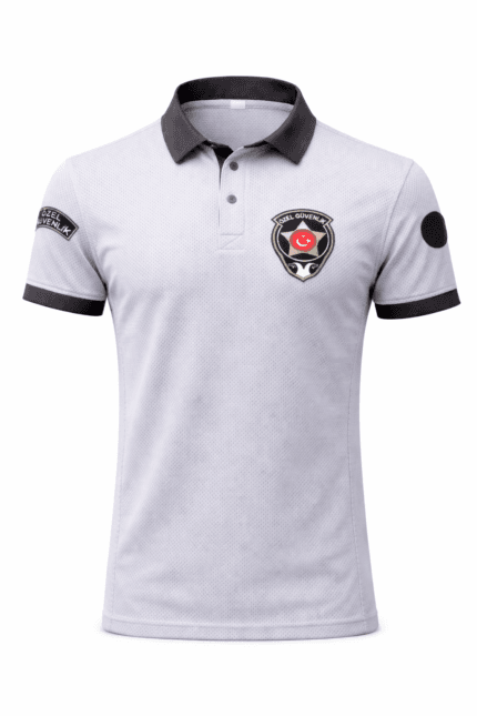 Özel güvenlik polo tişört gri arka görünüm dayanıklı ve profesyonel model