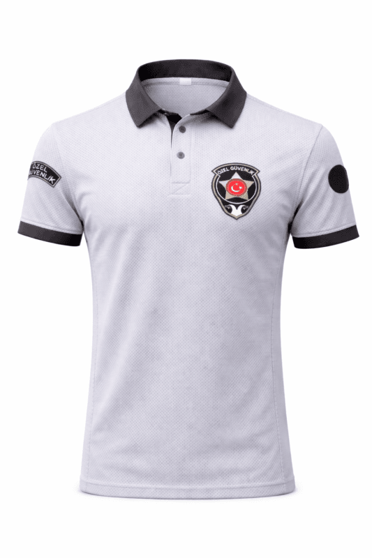 Özel güvenlik polo tişört gri arka görünüm dayanıklı ve profesyonel model