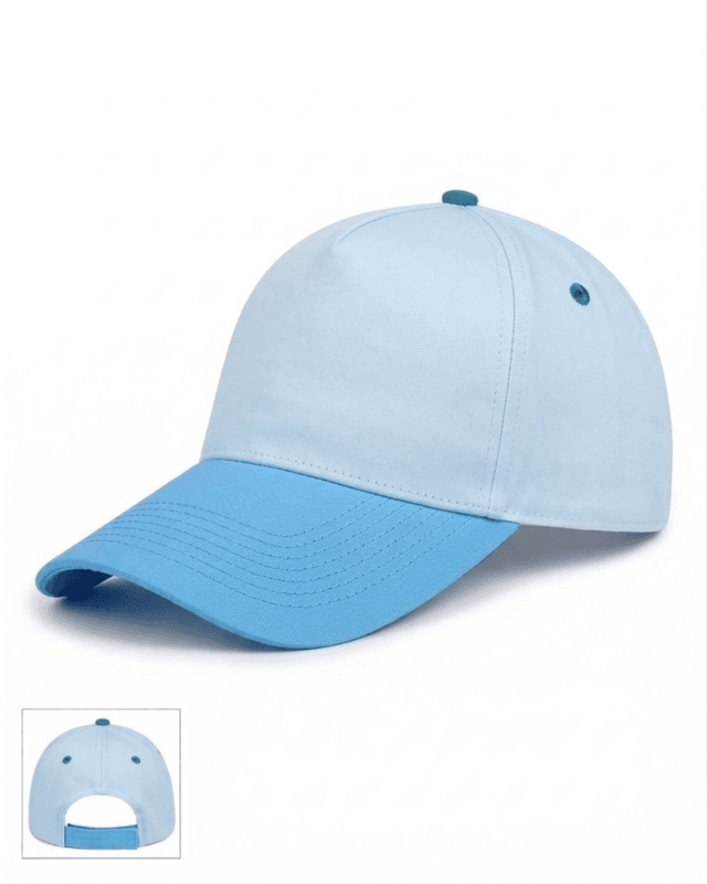 Logonuz için baskıya uygun, dikişsiz ön paneli bulunan beyaz mavi promosyon şapka.