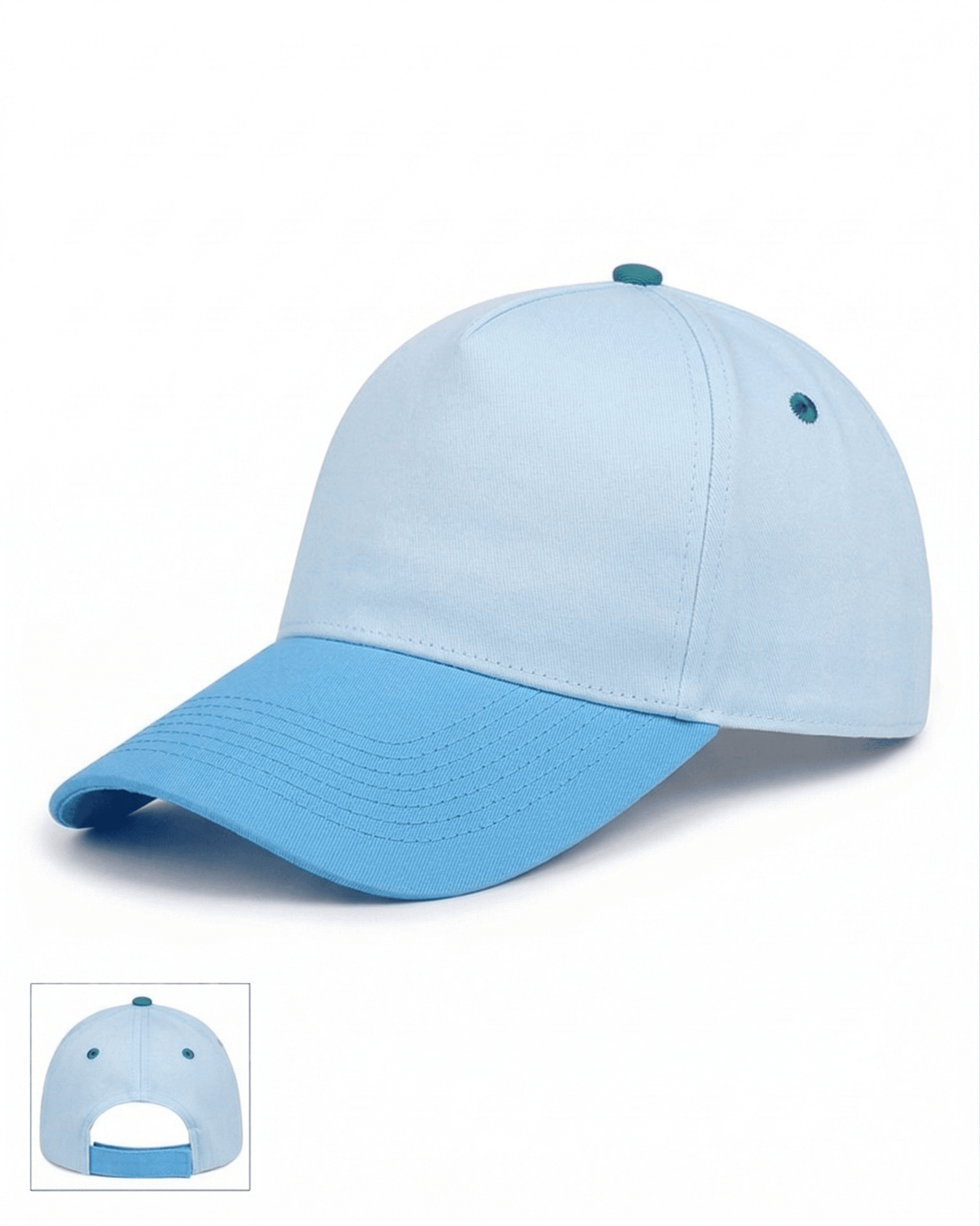 promosyon şapka Logonuz için baskıya uygun, dikişsiz ön paneli bulunan beyaz mavi promosyon şapka.