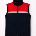 Reflektörlü kırmızı lacivert iş güvenliği yeleği çok cepli ön görünüm