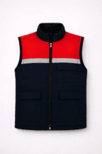 Reflektörlü kırmızı lacivert iş güvenliği yeleği çok cepli ön görünüm