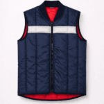 Reflektörlü şişme yelek kırmızı lacivert renkli kolsuz fermuarlı personel yeleği ön görünüm