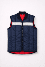 Reflektörlü şişme yelek kırmızı lacivert renkli kolsuz fermuarlı personel yeleği ön görünüm