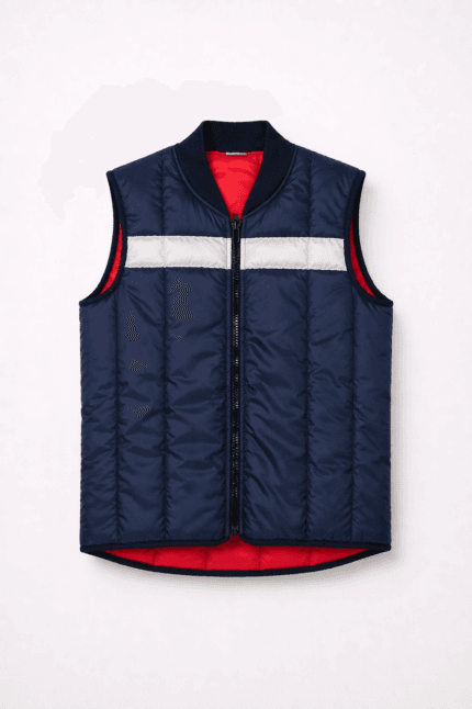 Reflektörlü şişme yelek kırmızı lacivert renkli kolsuz fermuarlı personel yeleği ön görünüm