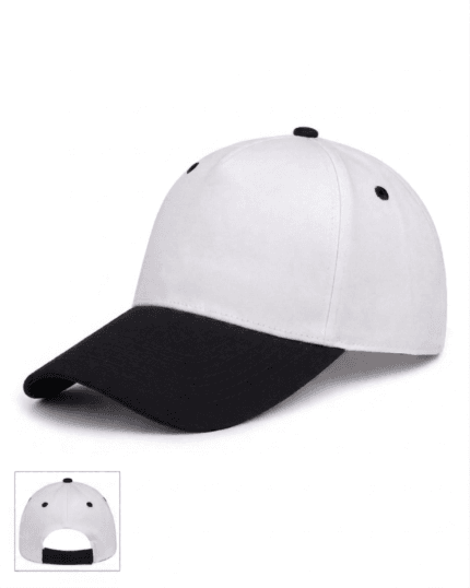 Logonuz için baskıya uygun, dikişsiz ön paneli bulunan beyaz siyah promosyon şapka.