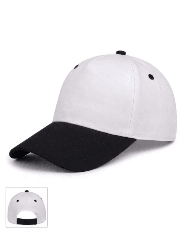 Logonuz için baskıya uygun, dikişsiz ön paneli bulunan beyaz siyah promosyon şapka.