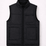 Siyah şişme iş yeleği çok cepli fermuarlı kolsuz personel yeleği ön görünüm