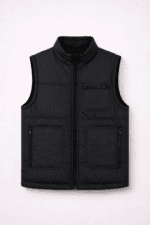 Siyah şişme iş yeleği çok cepli fermuarlı kolsuz personel yeleği ön görünüm