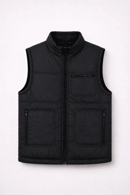 Siyah şişme iş yeleği çok cepli fermuarlı kolsuz personel yeleği ön görünüm