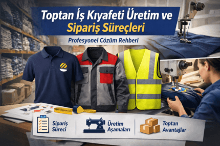 Toptan iş kıyafeti üretim ve sipariş süreçleri kapsamında iş kıyafetleri, nakış ve üretim aşamaları görseli
