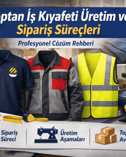 Toptan iş kıyafeti üretim ve sipariş süreçleri kapsamında iş kıyafetleri, nakış ve üretim aşamaları görseli
