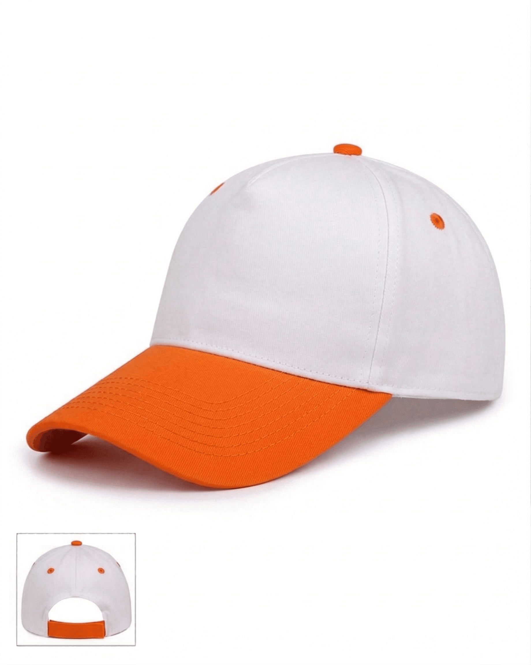 turuncu beyaz promosyon şapka resmi Beş panelli yapısı ve dikişsiz ön paneliyle nakış ve baskı uygulamalarına uygun turuncu beyaz promosyon şapka.