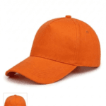Beyaz arka planda yan ve arka görünümü sunulan, nakış ve baskıya uygun, ayarlanabilir çıtçıtlı turuncu promosyon şapka.
