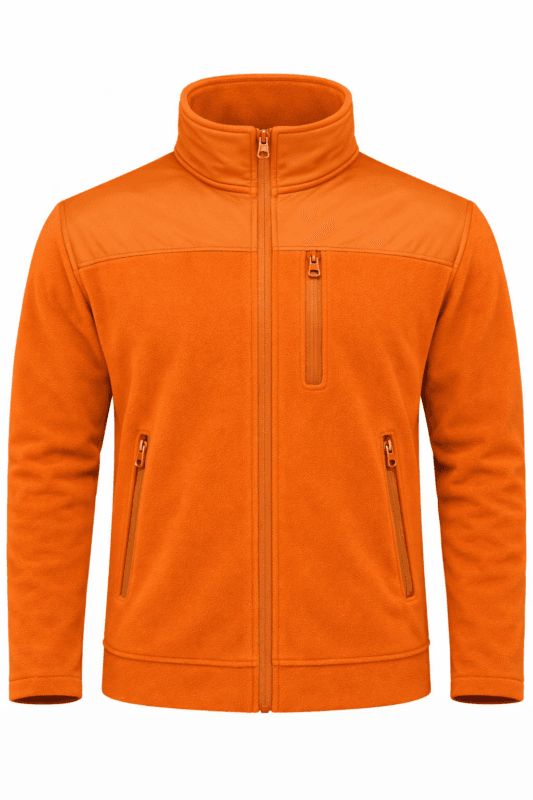 Turuncu softshell destekli polar önden görünüm emniyet tasarımı